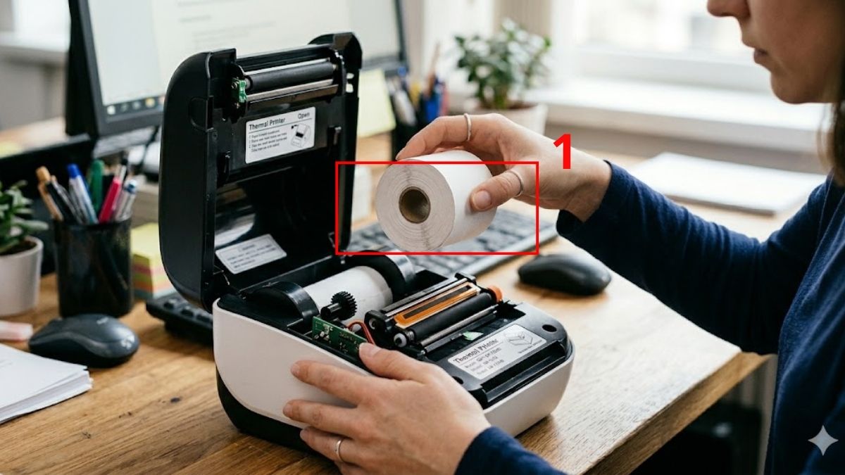 Cách thay cuộn giấy in nhiệt mới bước 1