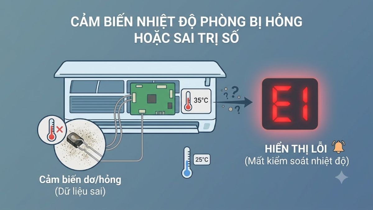 Cảm biến nhiệt độ phòng bị hỏng hoặc sai trị số