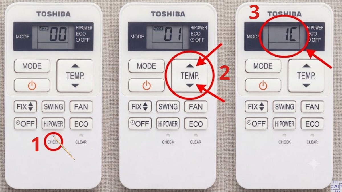 Kiểm tra mã lỗi bằng remote Toshiba bước 1