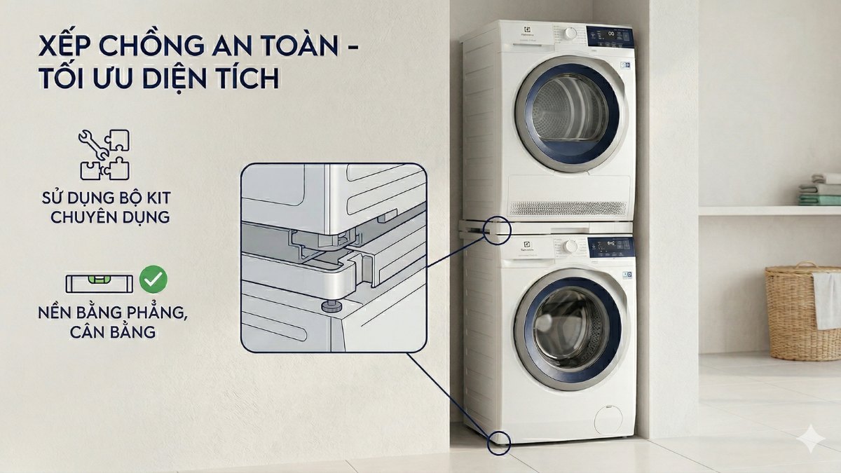 Bố trí máy sấy chồng lên máy giặt là một cách để tối ưu không gian