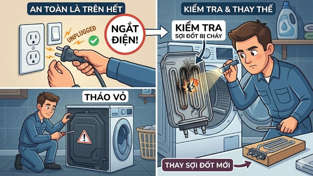 Kiểm tra và thay sợi đốt mới cho máy sấy quần áo