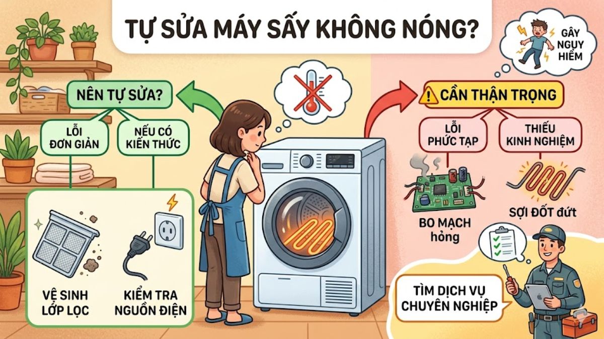 Có nên tự sửa máy sấy quần áo gặp tình trạng không nóng không?