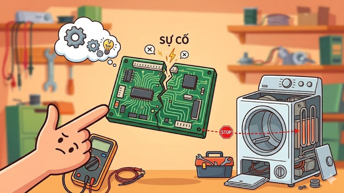 Bo mạch điều khiển gặp sự cố là một nguyên nhân phổ biến khiến máy sấy quần áo không nóng