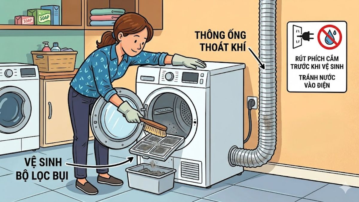 Vệ sinh bộ lọc bụi và ống thoát khí của máy sấy quần áo