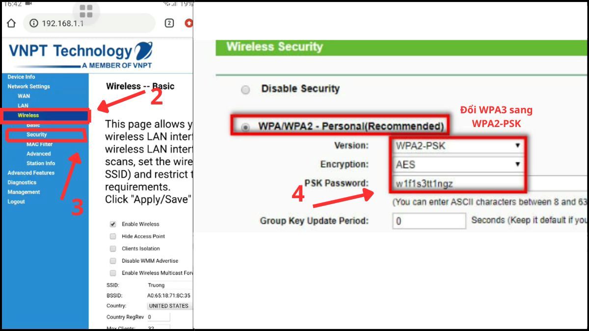 Kiểm tra chế độ bảo mật (WPA2/WPA3) và chuẩn mạng bước 2