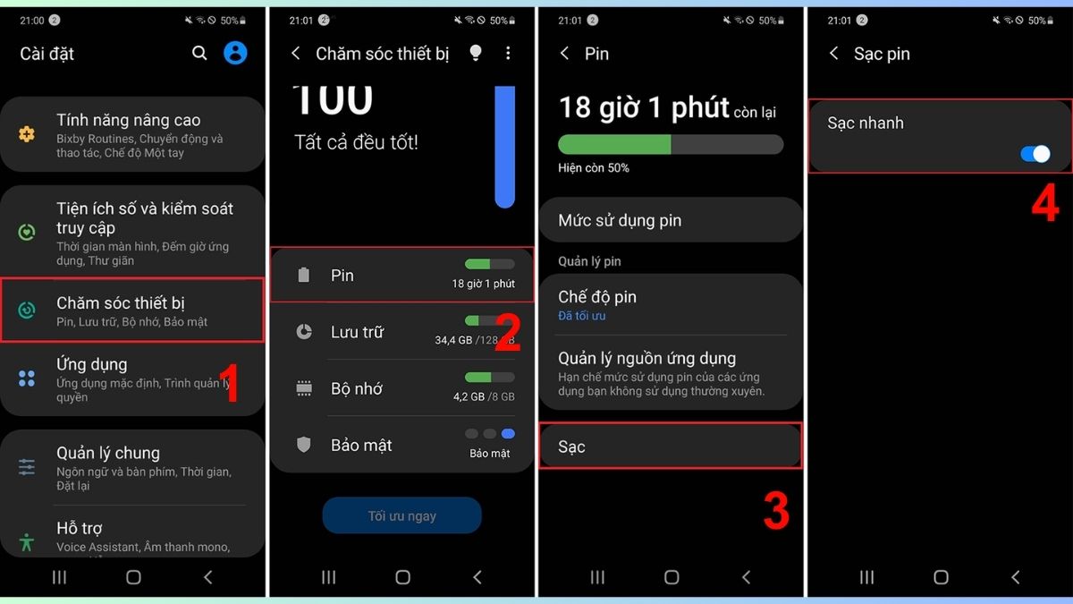 Kiểm tra tùy chọn sạc nhanh để kiểm tra khả năng sạc pin của máy tính bảng Samsung