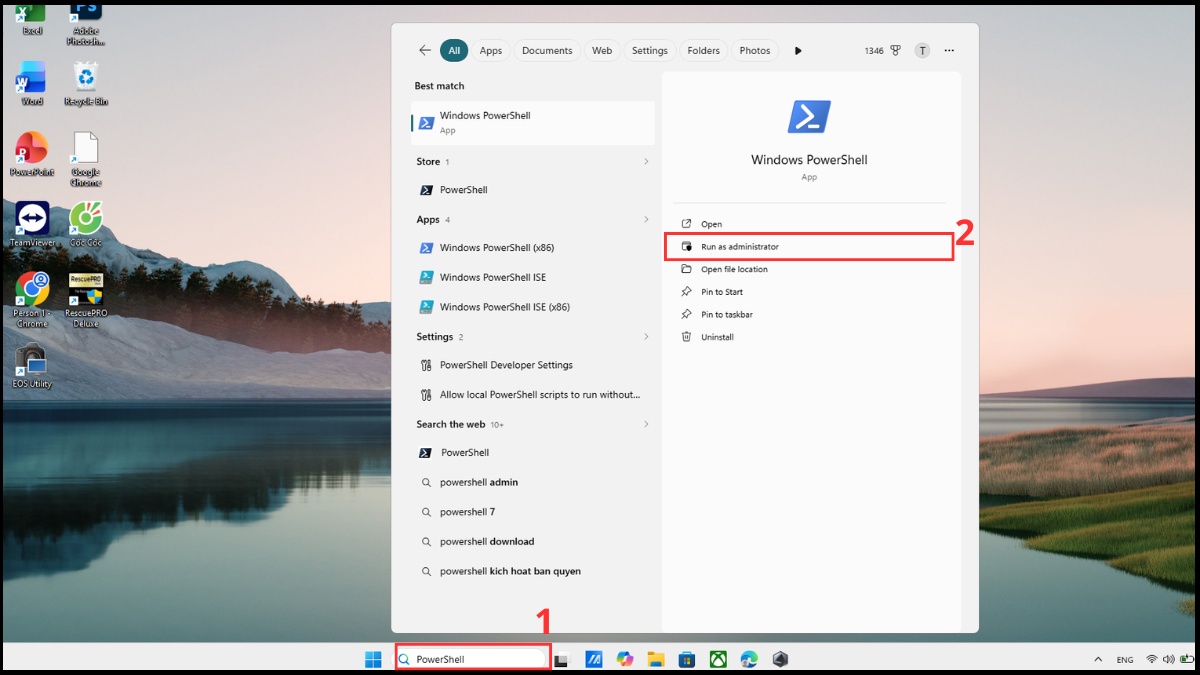 Gõ PowerShell cà chọn Run as Administrator