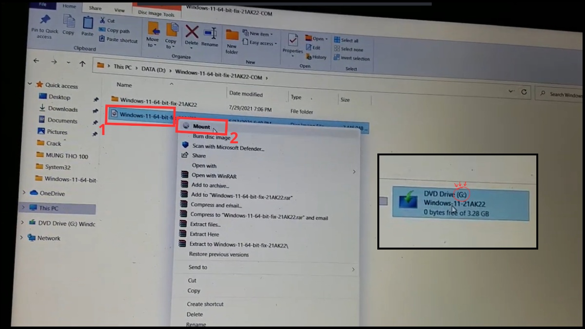 Chuột phải vào file ISO Windows 11 và chọn Mount
