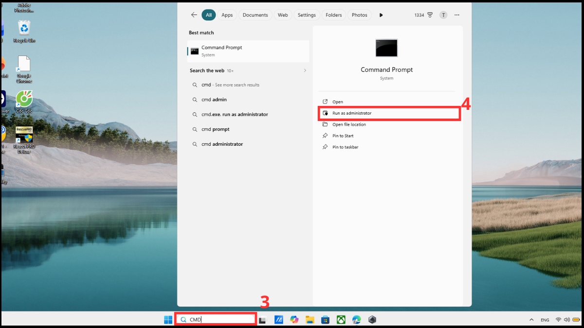 Tìm kiếm cụm từ CMD và chọn Run as Administrator 