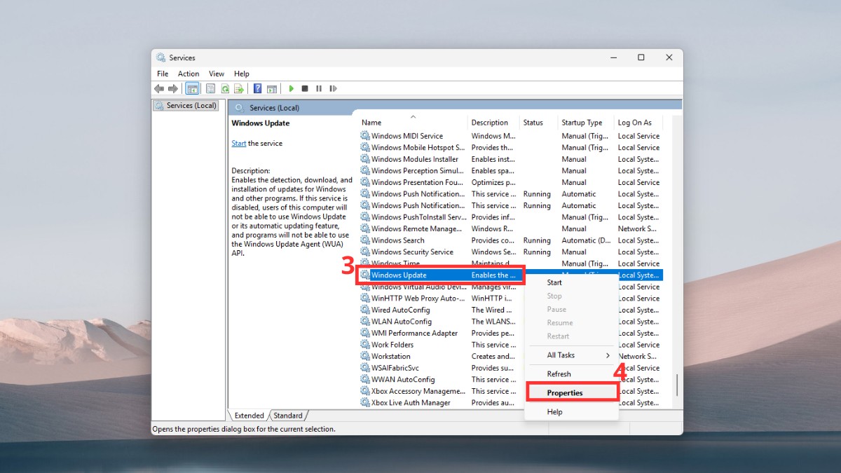 Bật lại dịch vụ Windows Update bước 2