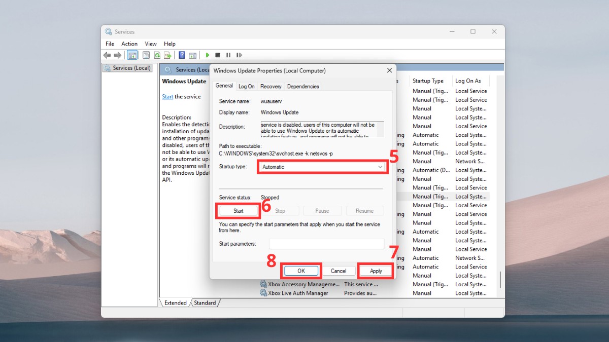 Bật lại dịch vụ Windows Update bước 3