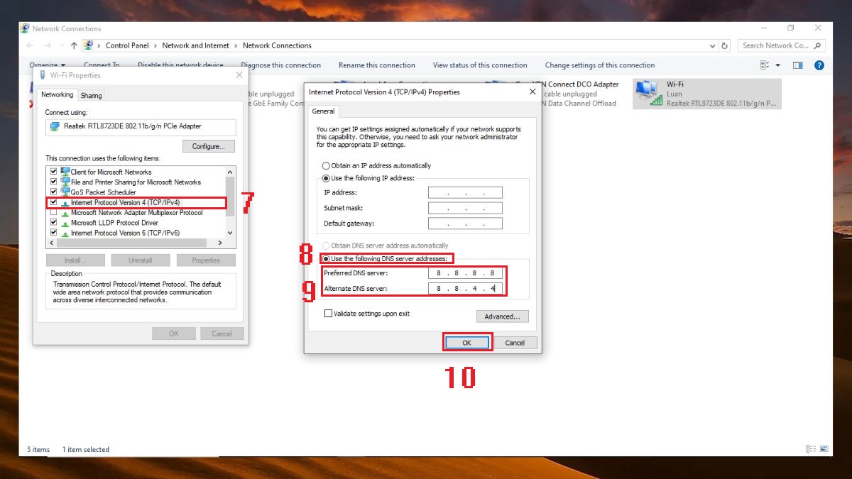 Thay đổi DNS để sửa lỗi No Internet bước 6 (Hình minh họa)