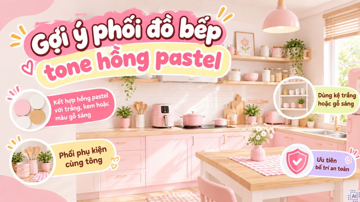 Gợi ý phối đồ bếp tone hồng pastel cực xinh