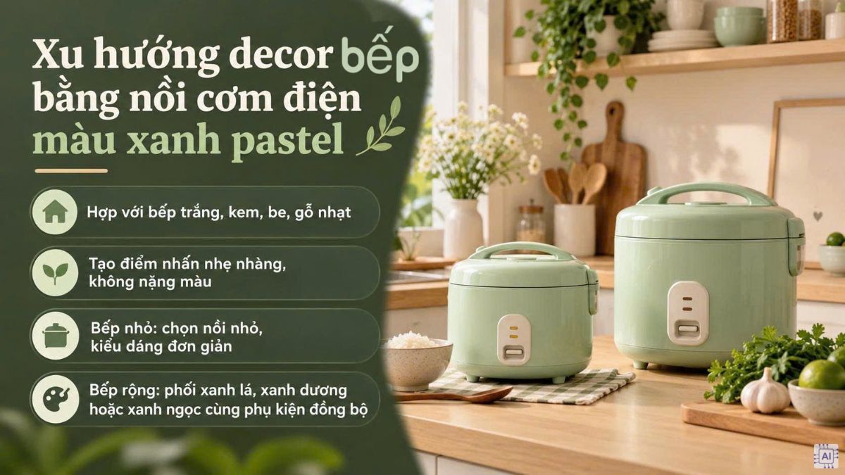 Xu hướng decor bếp bằng nồi cơm điện màu xanh pastel
