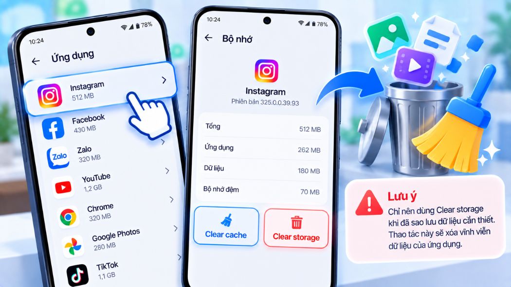 Xóa bộ nhớ đệm và dữ liệu ứng dụng