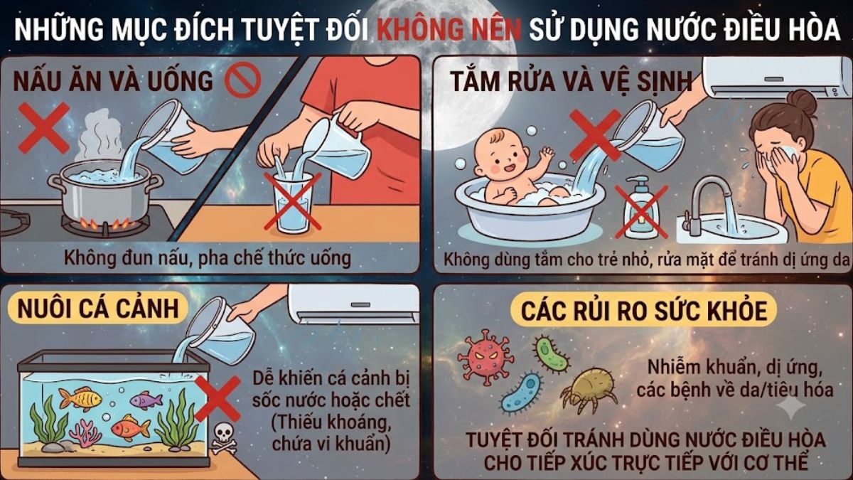 Những mục đích không được sử dụng nước chảy ra từ máy lạnh