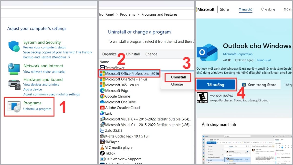 Gỡ hoặc cài đặt lại Outlook để khắc phục tình trạng Outlook bị lỗi font bước 1