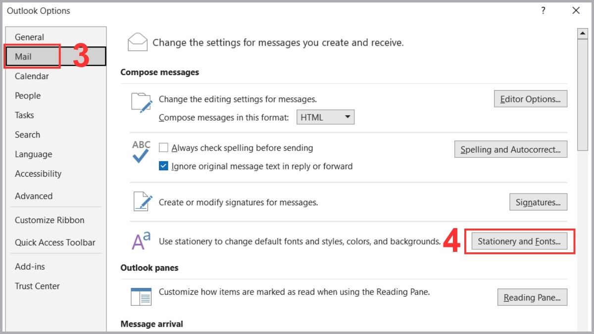Cài đặt font chữ mặc định để khắc phục Outlook bị lỗi font bước 2