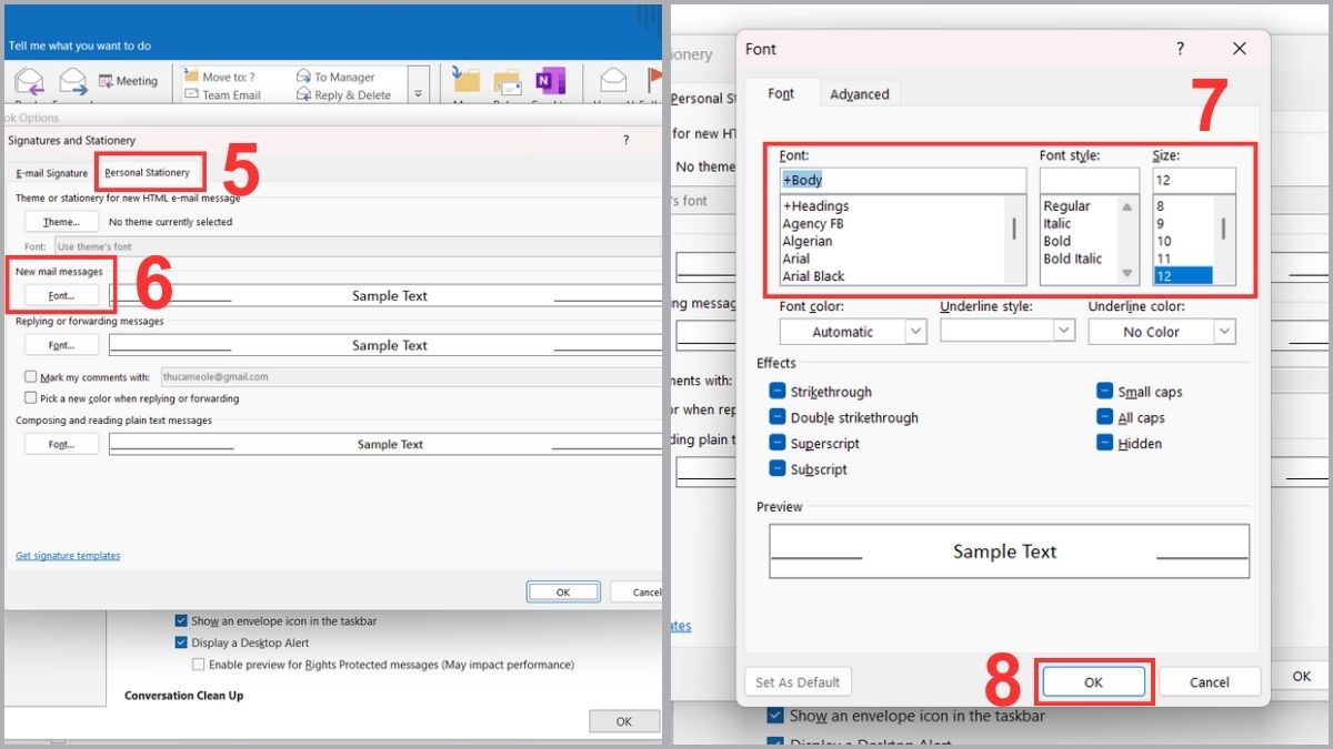 Cài đặt font chữ mặc định để khắc phục Outlook bị lỗi font bước 3