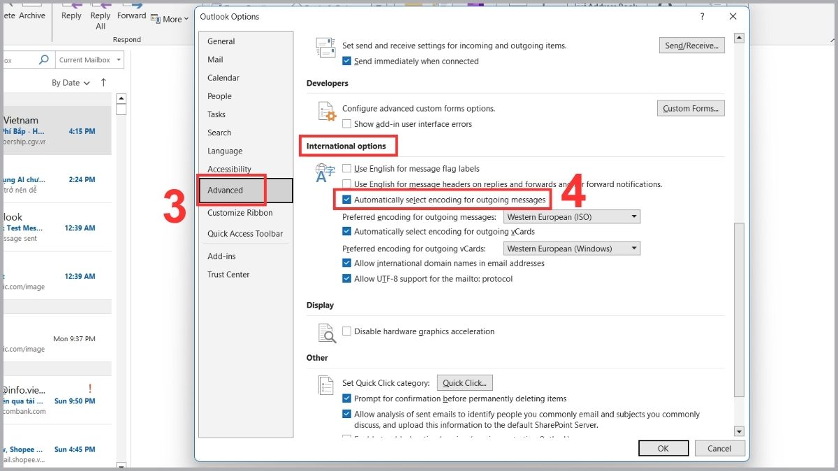 Thiết lập mã hóa Unicode tránh tình trạng Outlook bị lỗi font bước 2