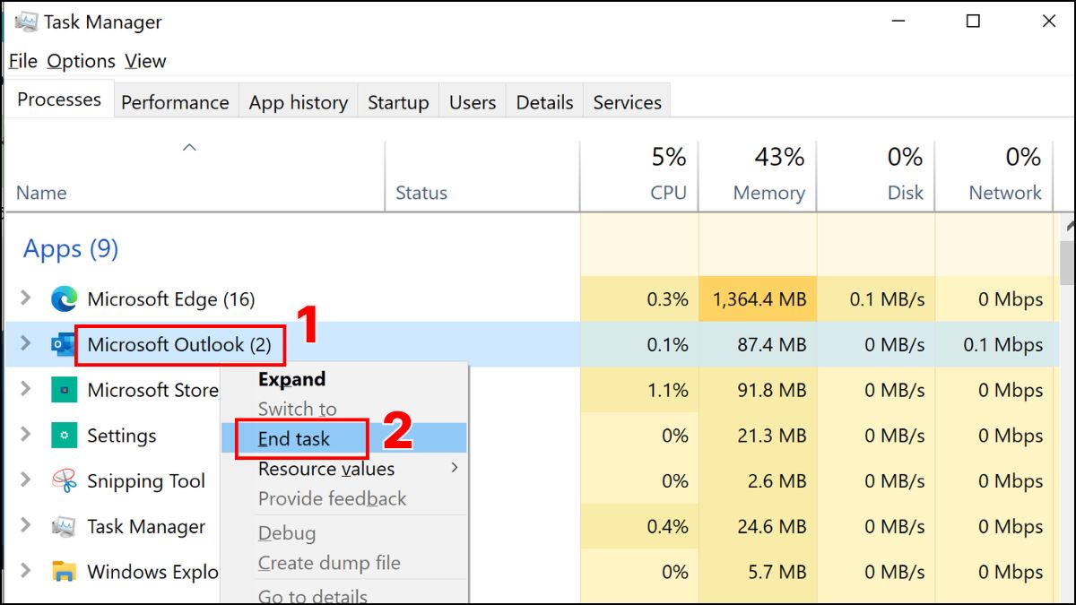 Thao tác đóng hoàn toàn Outlook