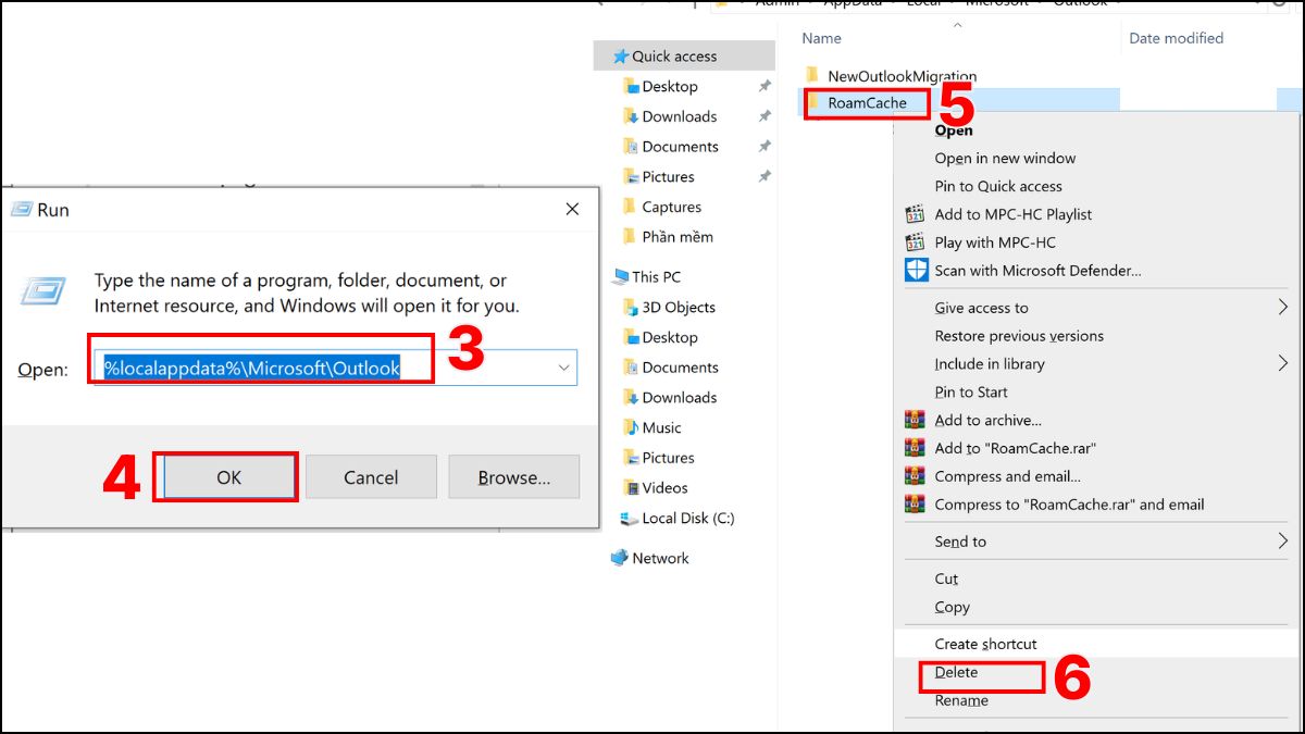 Thao tác xóa bộ nhớ và thư mục Outlook