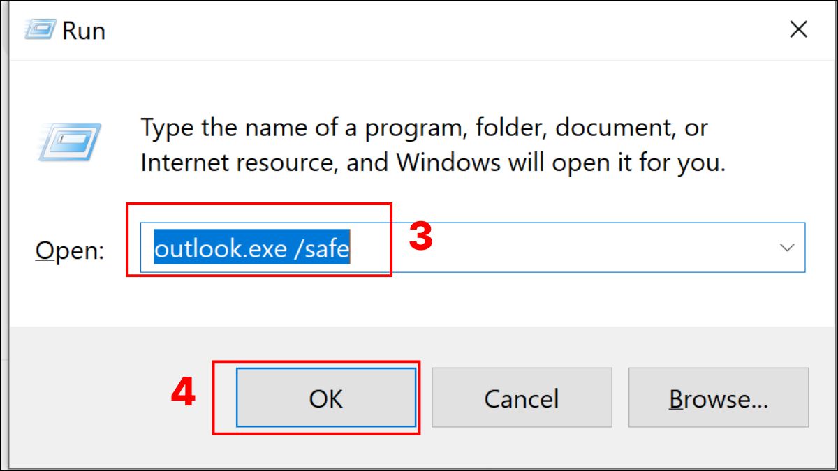Khởi động Outlook bằng chế độ Safe Mode bước 2