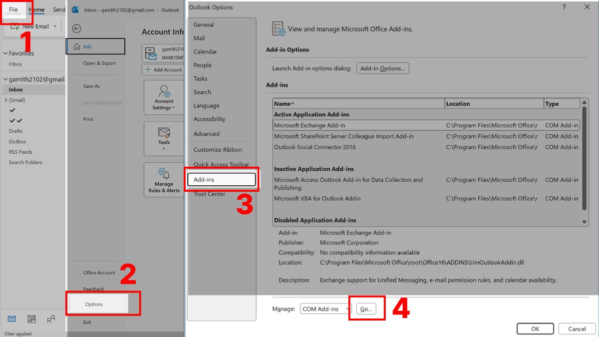 Vô hiệu hóa hoặc gỡ bỏ các Add-in không tương thích bước 1