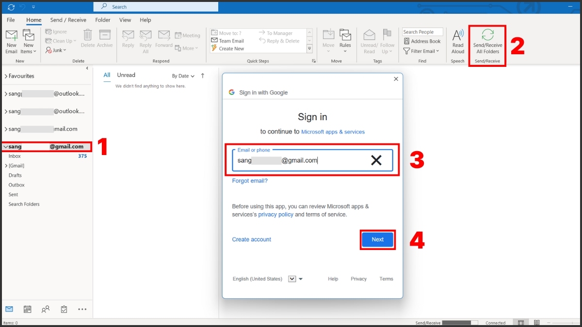 Kiểm tra lại mật khẩu và cài đặt Outlook để khắc phục lỗi Outlook không gửi được mail bước 1