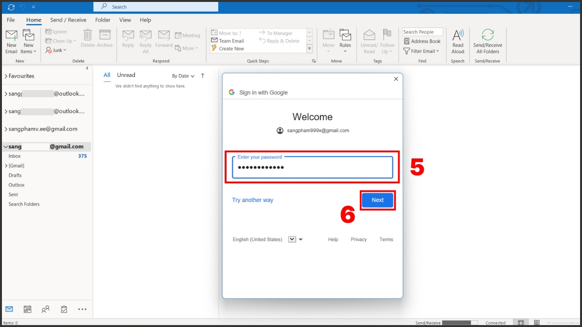 Kiểm tra lại mật khẩu và cài đặt Outlook để khắc phục lỗi Outlook không gửi được mail bước 3