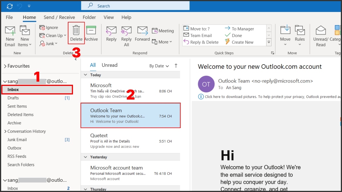 Cách giải phóng dung lượng hộp thư Outlook bước 1