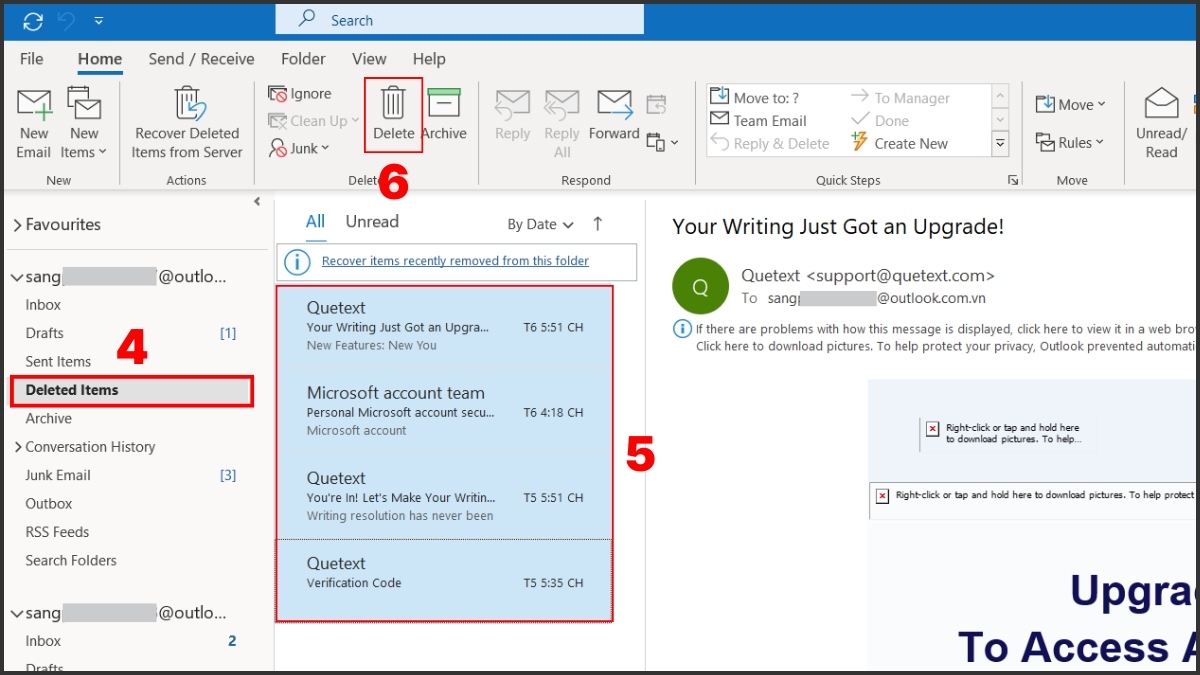 Cách giải phóng dung lượng hộp thư Outlook bước 2