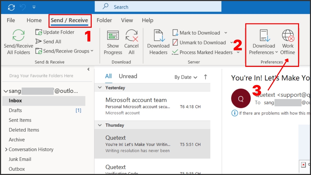Đảm bảo Outlook ở chế độ Online để hạn chế tình trạng Outlook không gửi được mail