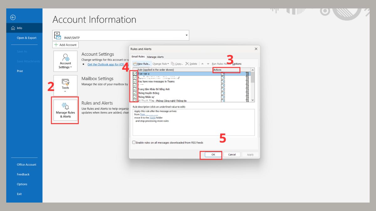 Kiểm tra lại rule, bộ lọc trong Outlook bước 2