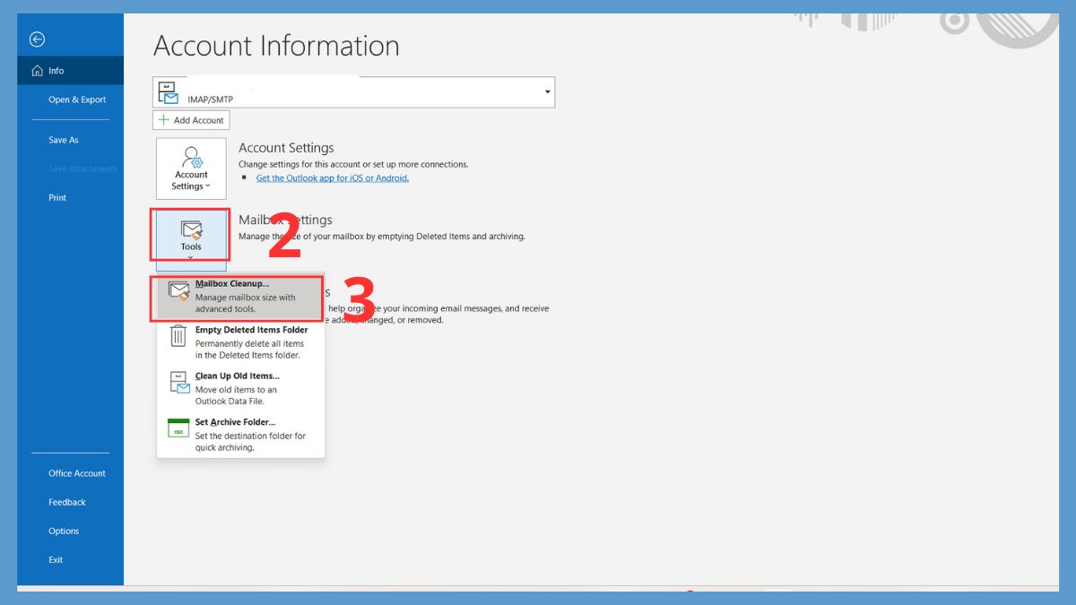Cách giải phóng dung lượng Outlook bước 3