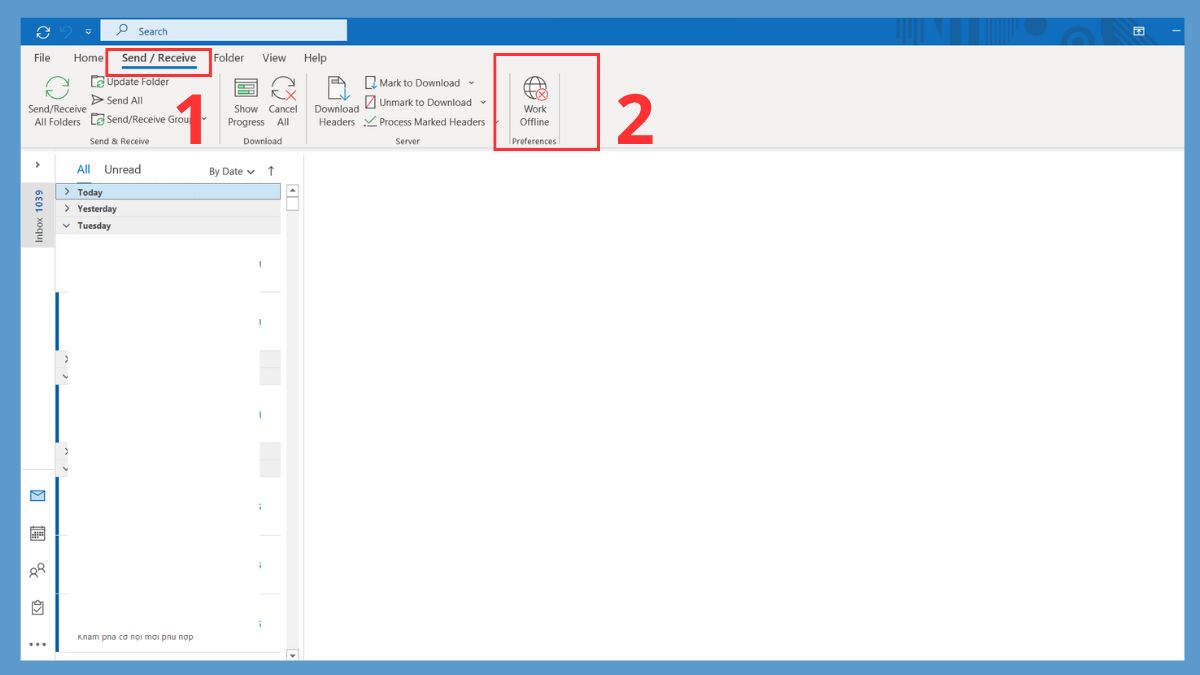 Tắt chế độ Offline để nhận mail bước 1