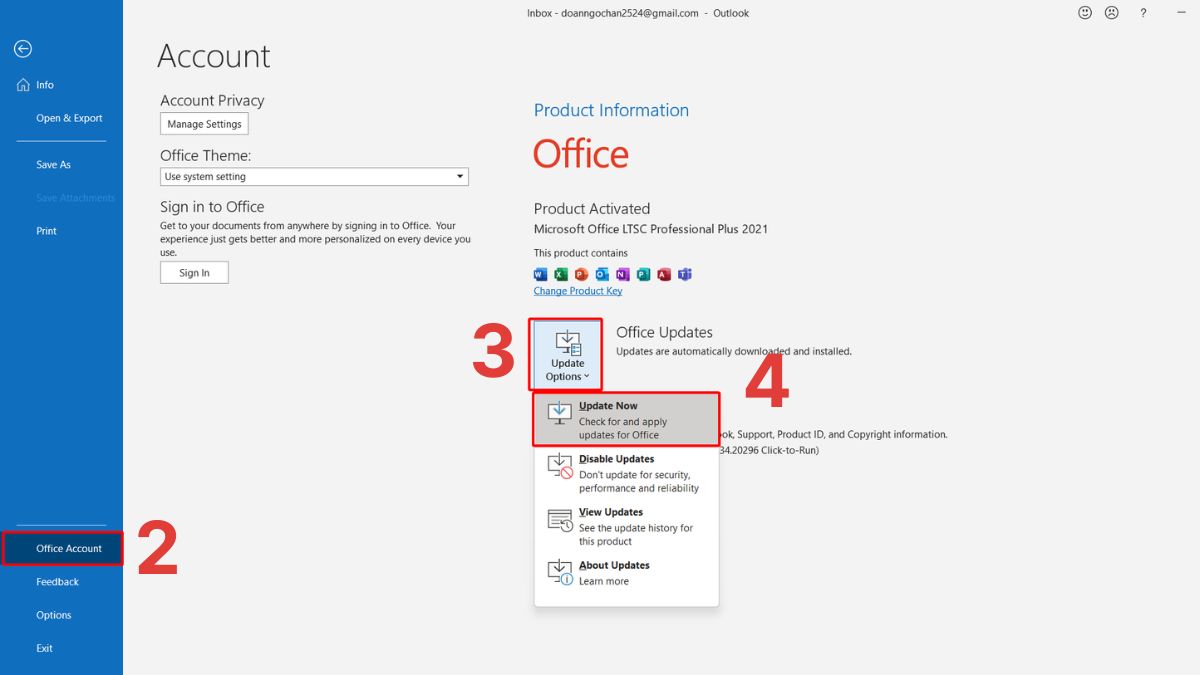 Cập nhật Outlook phiên bản mới để hạn chế tình trạng không nhận được mail bước 2