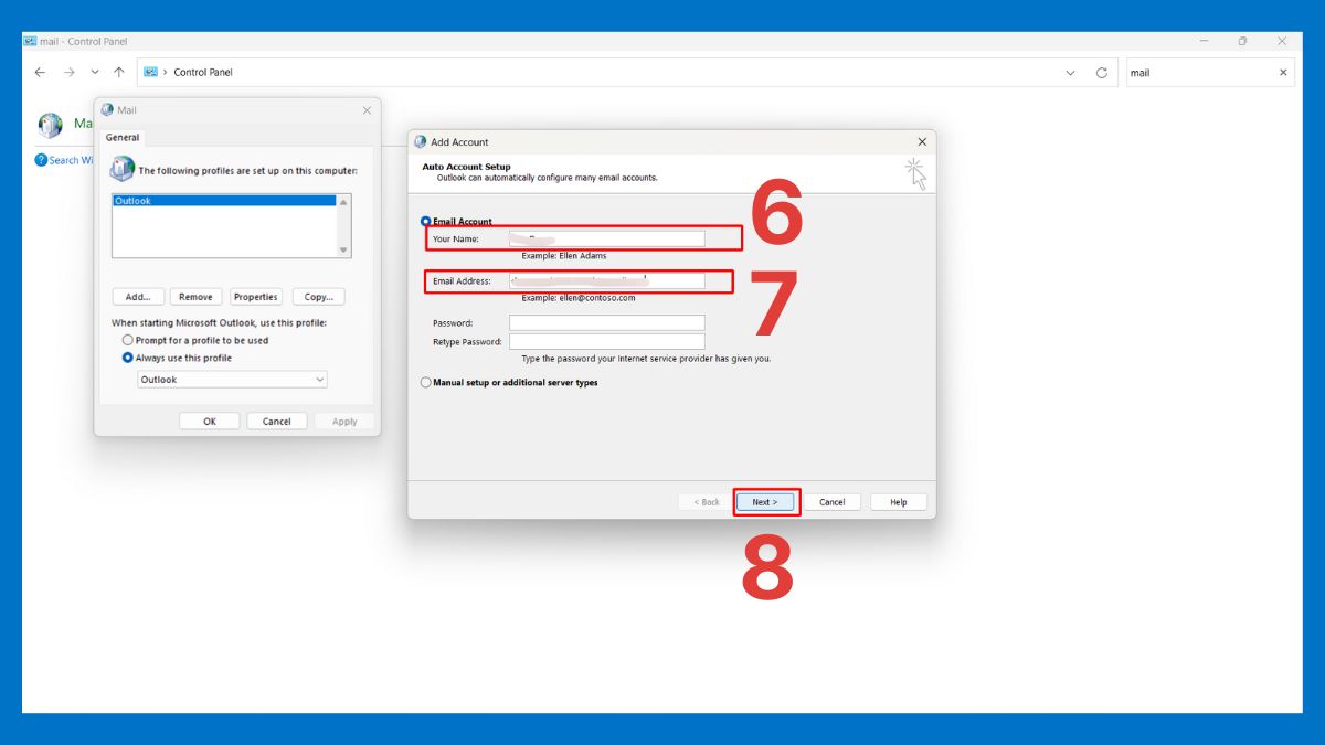 Tạo lại profile Outlook mới bước 3