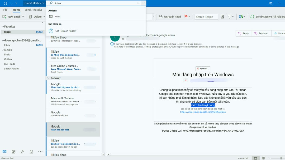 Sử dụng từ khóa chính xác và cụ thể để tối ưu tìm kiếm trong Outlook