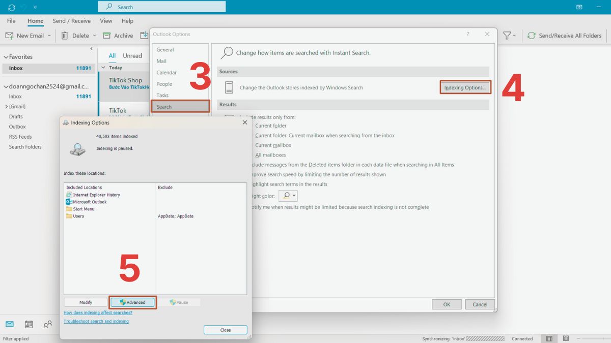 Cách sửa lỗi lập chỉ mục Outlook bước 2