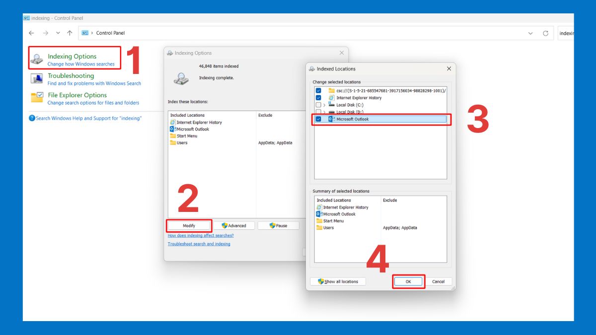 Kiểm tra và cài đặt lại trình tìm kiếm Outlook bước 1