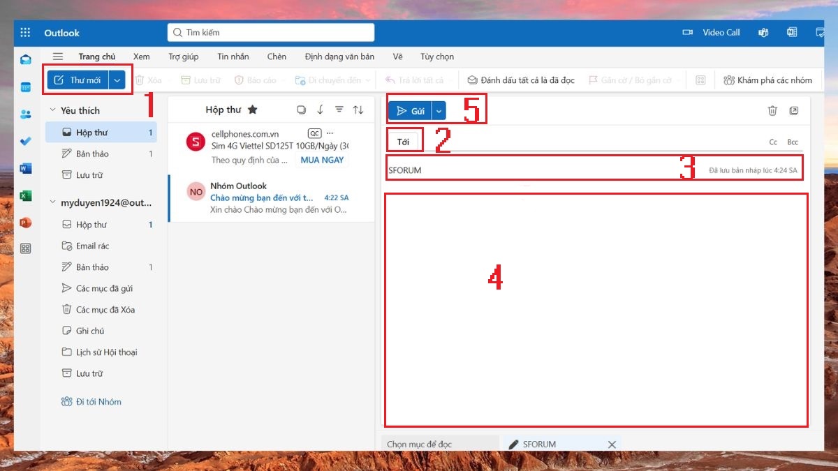 Thao tác tạo thư mới trong Outlook