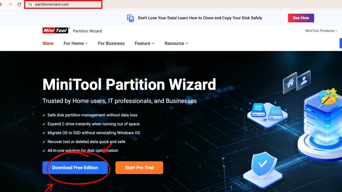 Cách sử dụng phần mềm MiniTool Partition Wizard bước 1