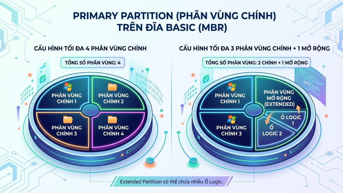 Primary Partition là phân vùng chính trên một basic disk