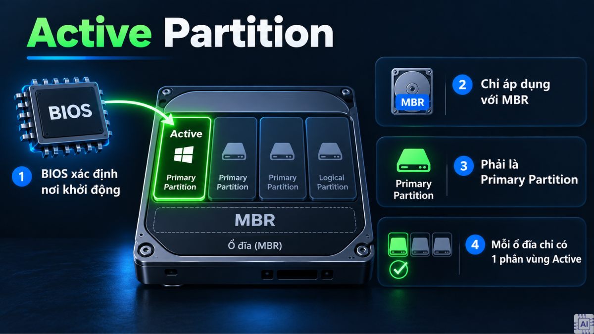 Active Partition là phân vùng được đánh dấu để hệ thống BIOS