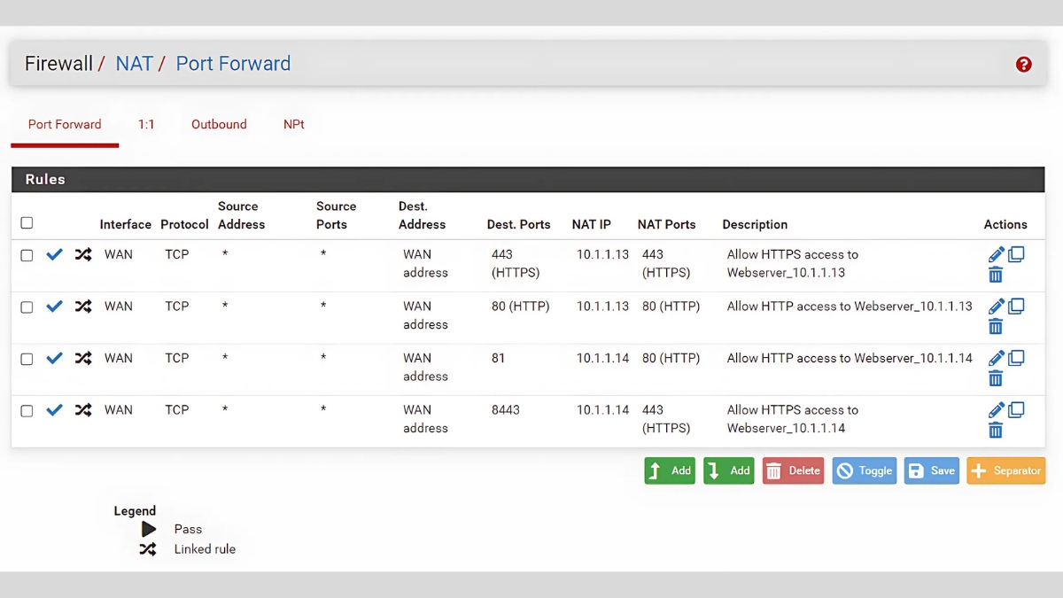NAT tĩnh được hỗ trợ dưới dạng NAT 11 trong pfSense