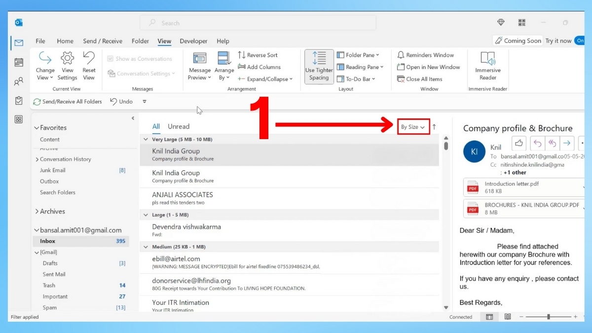 Phân loại email trong Outlook theo tên bước 1
