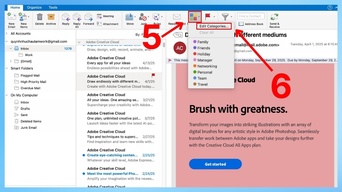 Gắn cờ và màu sắc để phân loại email trong Outlook bước 2