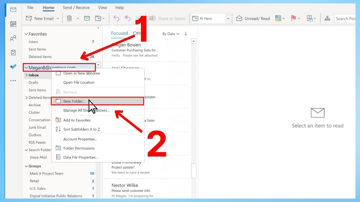 Tạo thư mục để phân loại email trong Outlook bước 1