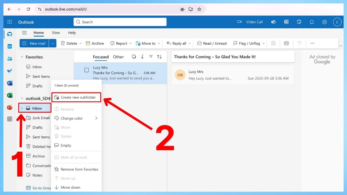 Tạo thư mục để phân loại email trong Outlook trên trang web bước 1